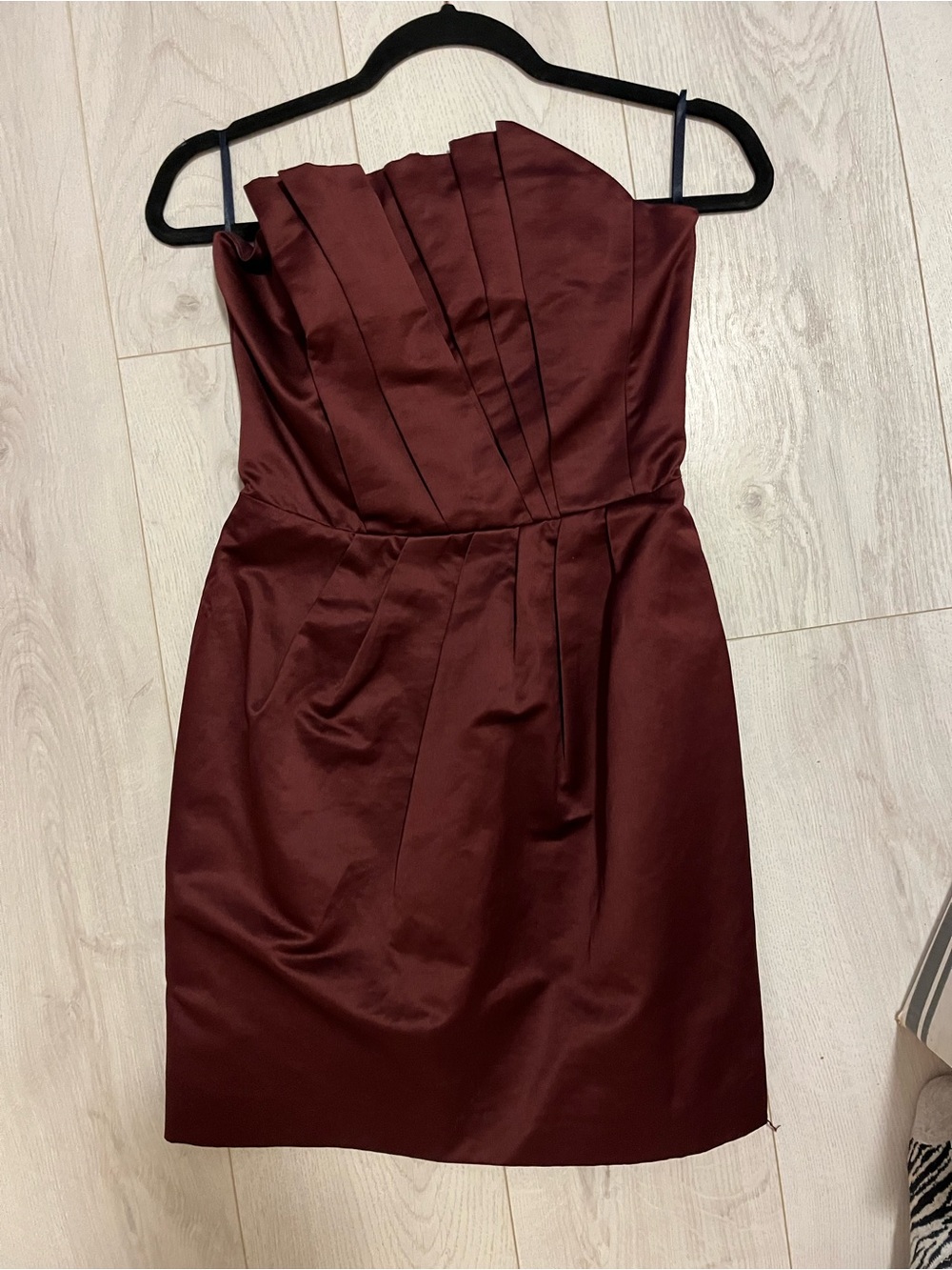 French Connection Strapless Pleated Satin Dress in Burgundy